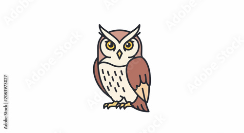 A cartoon owl with brown wings, white and brown body, and yellow eyes