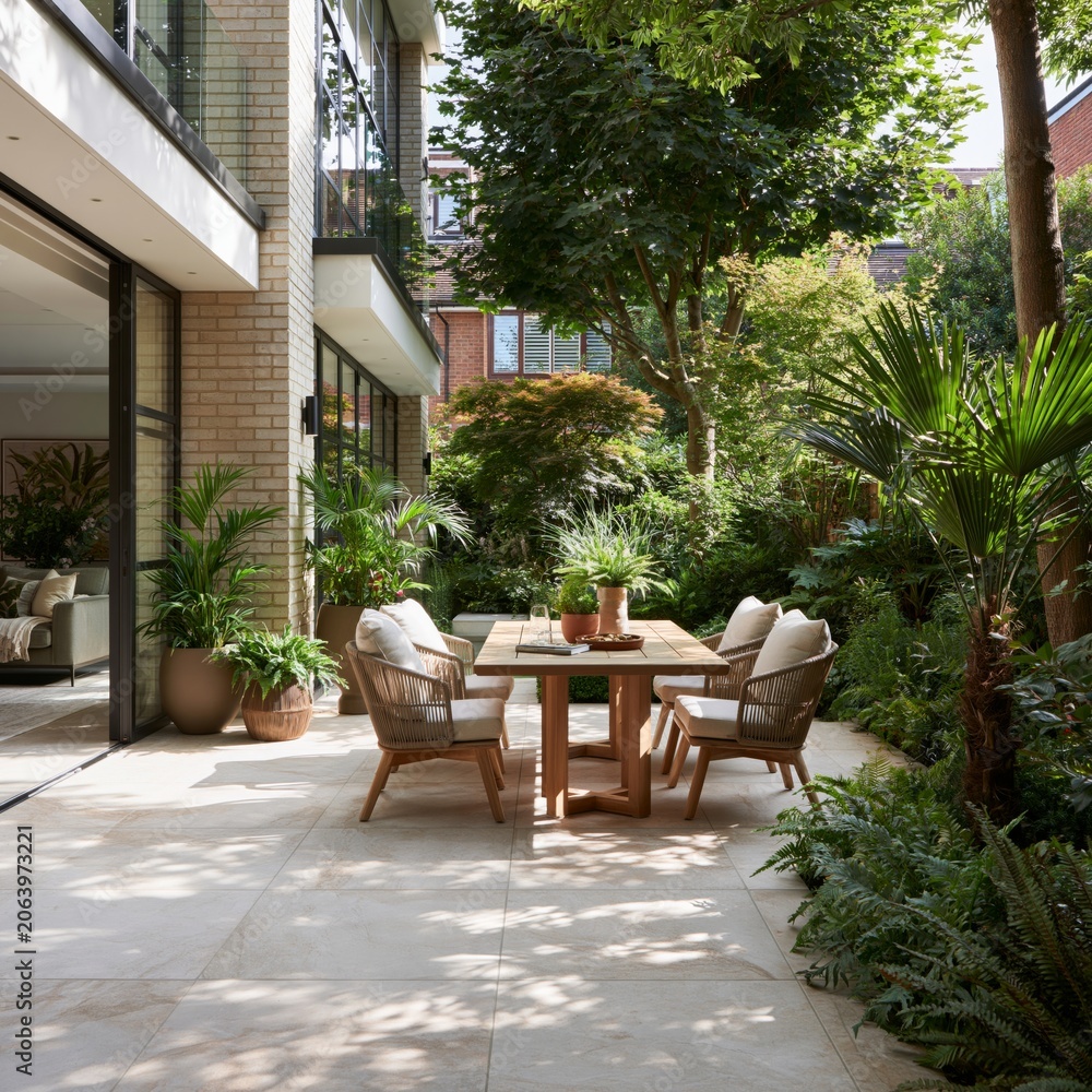 Fototapeta premium Contemporary patio garden with large stone tiles, outdoor dining set, surrounding greenery, seamless indoor-outdoor living concept