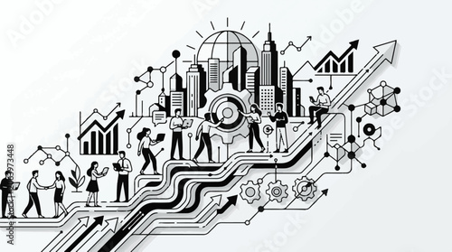 A black-and-white illustration of people working together on a cityscape with graphs