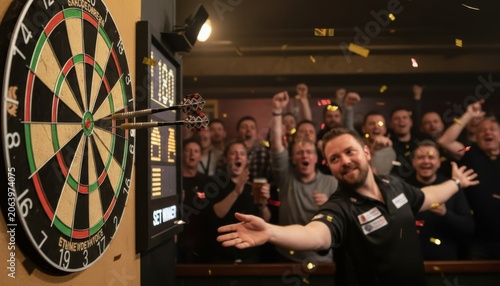 Darts player celebrating perfect 180 bullseye throw in packed pub arena with cheering crowd and confetti