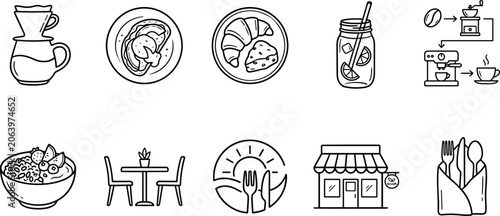Artisan cafe breakfast and morning brunch food line icon set featuring coffee grinder pour over croissant storefront vector