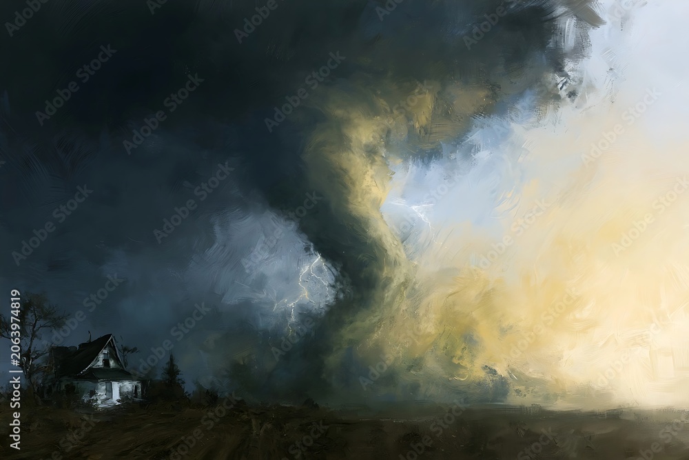 Fototapeta premium Massive tornado funnel cloud approaching a small house in a field during a storm.