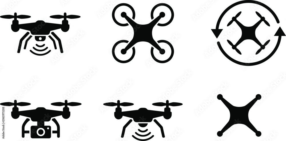 Fototapeta premium Black silhouette collection of modern drones with camera, signal waves, rotation arrows, and quadcopter aerial technology designs