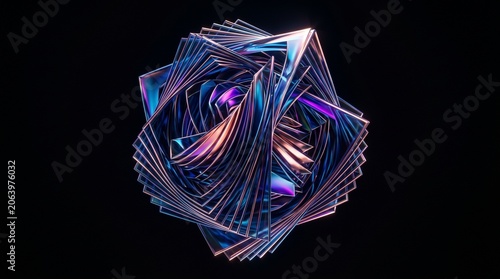 Intricate metallic spiral sculpture with iridescent geometric layers and glowing edges on deep black background.