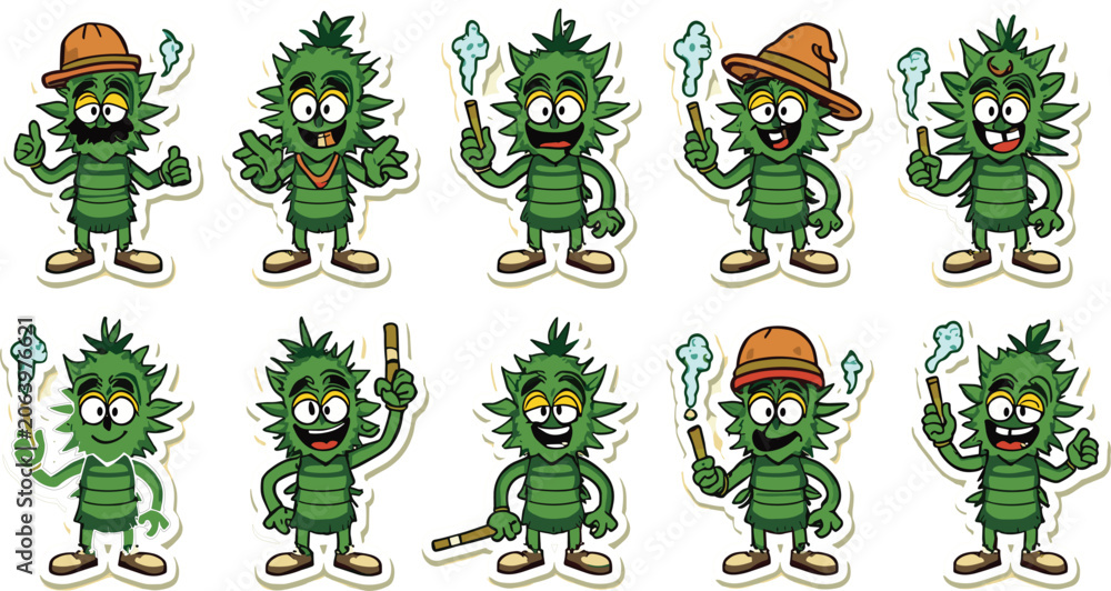 Fototapeta premium Funny cannabis bud cartoon character sticker set with green weed monster smoking joint collection in retro comic book style isolated on white background