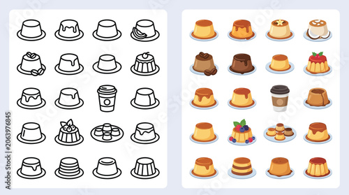 Fotografie Collection of various creme caramel desserts and coffee cups in outline and color styles