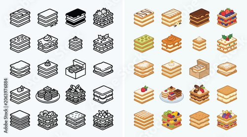 Foto Collection of Isometric Cakes and Desserts, Both Black and White and Color Variations
