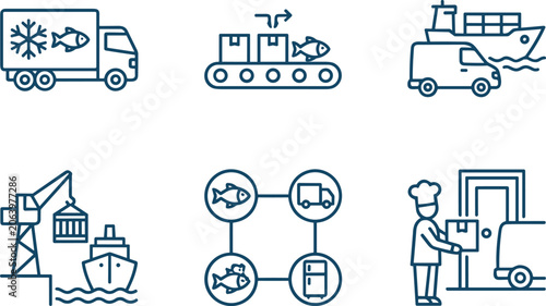Tableau sur toile Cold chain logistics and frozen seafood delivery line icon set featuring refrigerated transport, conveyor sorting, cargo shipping and doorstep courier service