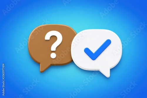 Speech bubbles with question mark and check mark symbols.