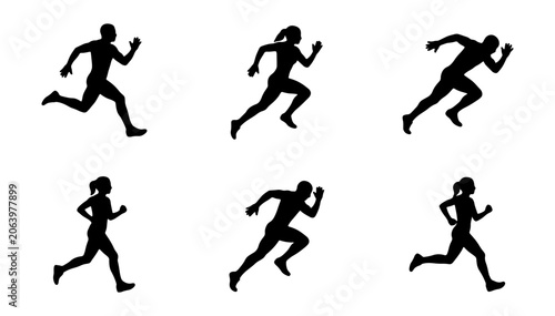 Photos Running silhouette set of 6 male and female athletes, sprinting people vector ic