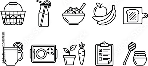 Healthy breakfast and organic food line icon set featuring grocery basket, fresh fruit, oatmeal bowl, juice bottle, morning tea, diet checklist, honey jar and cooking ingredients.