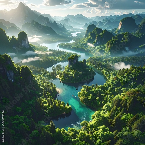 Aerial view of a serene landscape with lush green mountains and turquoise rivers