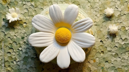 Close-up top view of small white daisy with yellow center on textured stone surface