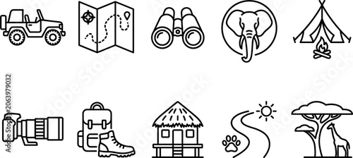 Photography African safari tourism and wild nature adventure line icon set featuring offroad car, map, camping, wildlife animals, camera and outdoor gear