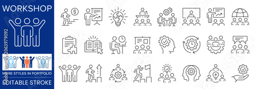 Skill development icon set. Representing workshop, training, learning, teamwork, productivity and professional growth.