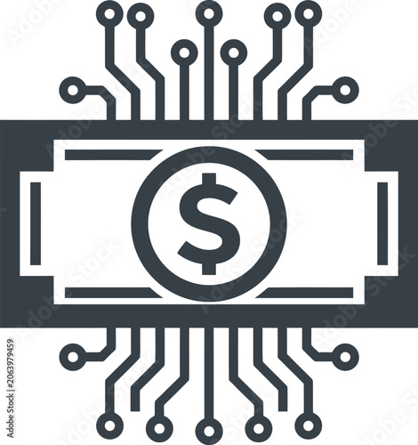 Digital dollar currency icon featuring integrated circuit lines representing modern financial technology and electronic banking systems
