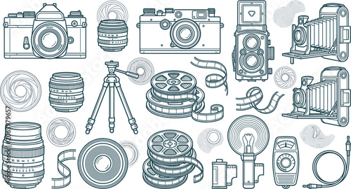 Vintage camera equipment vector set with classic retro photo cameras lenses film reels tripod and old photography gear outline isolated on white background