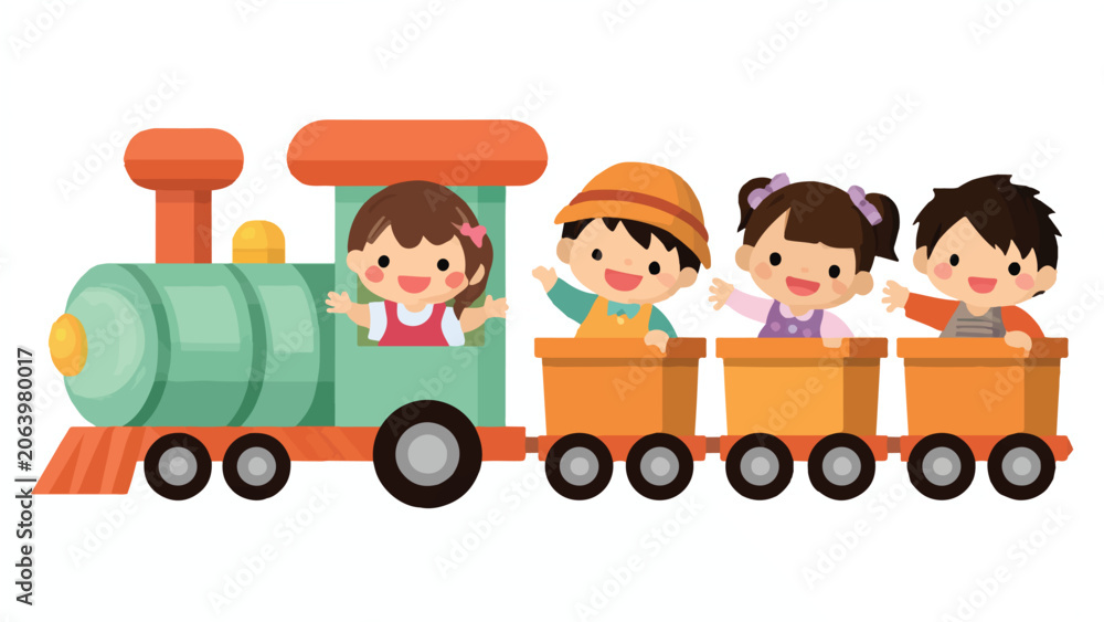 Obraz premium Children Riding Colorful Toy Train Illustration.