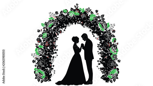 Elegant Wedding Couple Silhouette Floral Arch Vector Design