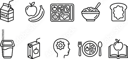 School lunch and healthy kids nutrition line icon set featuring milk carton fresh fruits bento tray oatmeal bowl toast yogurt juice box brain gears plate cutlery and open book.