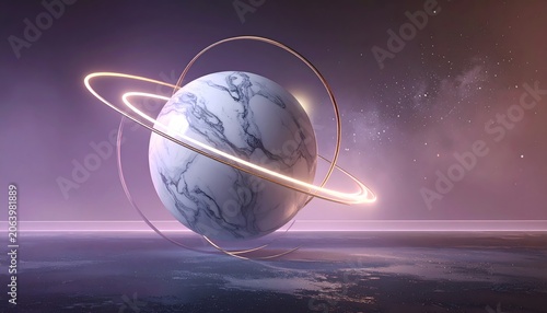 A planet with glowing rings floating in space.