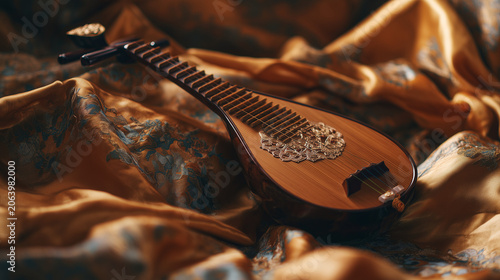pipa. Exquisite pipa lute resting on embroidered silk fabric with curved headstock. event programs, museum guides, designed for cultural heritage projects and event programs, preserves heritage.