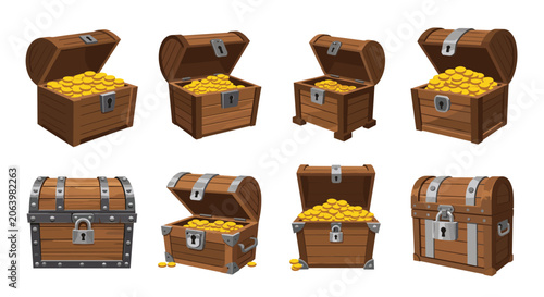 Collection of wooden treasure chests overflowing with gold coins in various states from closed and locked to open.