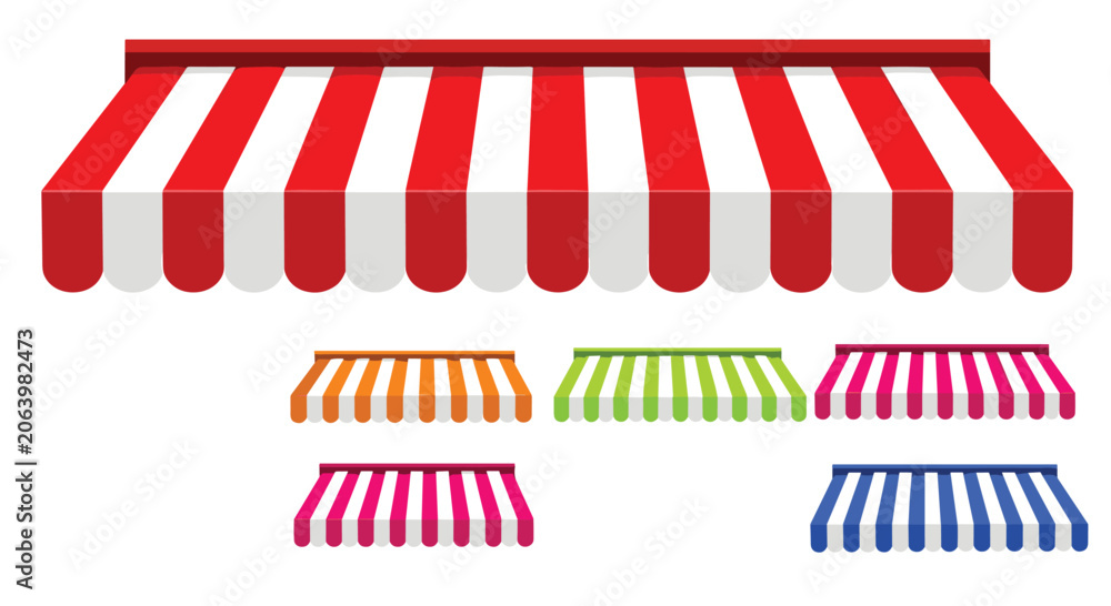 Obraz premium Detailed large red and white striped shop awning with several smaller color variations for retail storefront visualization.