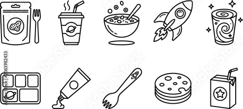 Space astronaut breakfast and galaxy food line icon set featuring rocket cereal pouch tube tray drink vector illustration