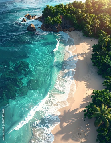 Aerial view of a serene tropical beach with turquoise waves