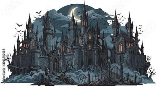 Foto Spooky gothic halloween castle vector illustration with dark towers flying bats
