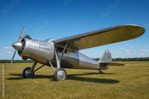 A vintage silver monoplane parked on a sunlit grass field under a clear blue sky.
