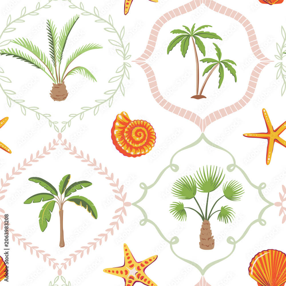 Obraz premium Vector summer seamless pattern. Hand drawn illustration with shells, fish, lemons. Mediterranean beach surface print design, summer vacation endless background