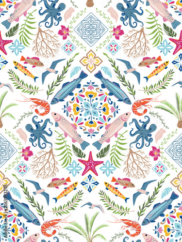 Vector summer seamless pattern. Hand drawn illustration with sea animals, shells, fish. Mediterranean beach surface print design, summer vacation endless background