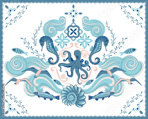 Cute vector summer cards with sea animals, shell octopus. Bright colorful poster.