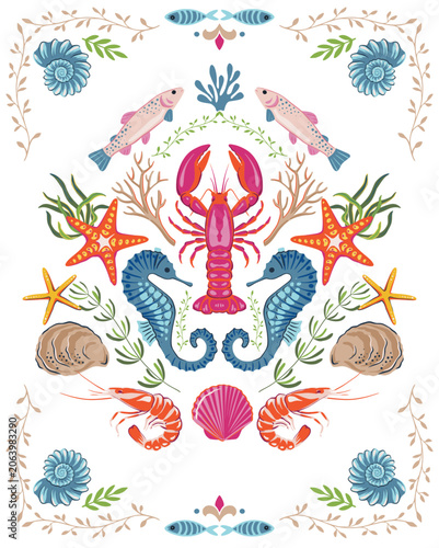Cute vector summer cards with sea animals, shell, lobster. Bright colorful poster.