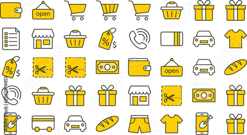 Ecommerce and retail shopping icon collection featuring store, cart, discount, payment, delivery and online marketplace symbols