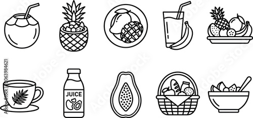 Tropical fruit breakfast and organic juice line icon set featuring coconut pineapple mango banana papaya basket vector illustration