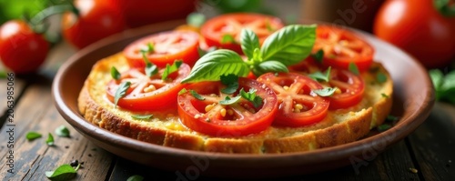 Close-up, vibrant tomato bruschetta pattern on round serving dish, garnished with herbs , round, plate