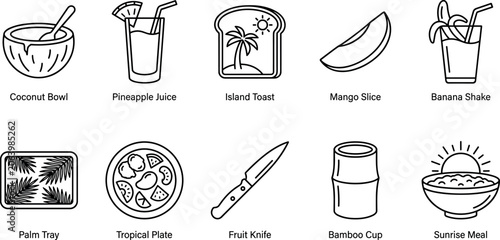 Tropical island breakfast and exotic fruit line icon set featuring coconut bowl pineapple juice palm toast vector illustration collection