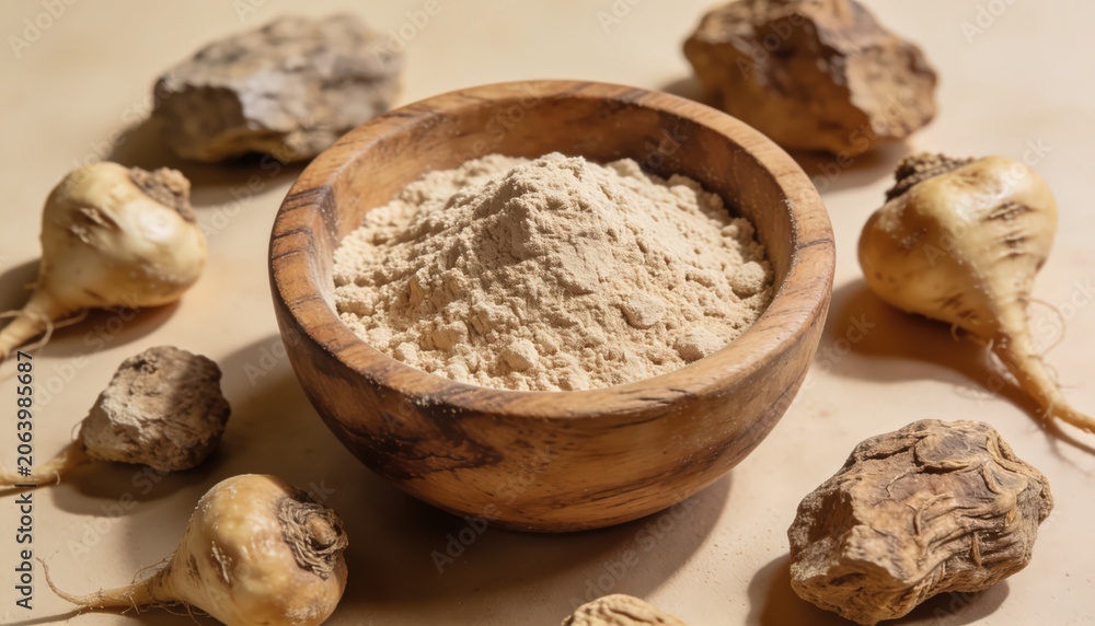 Fototapeta premium Maca Root Powder Explosion with Dried Roots on Dark Background