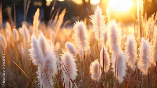 Golden Hour Wild Grass Field with Soft Sunlight and Copy Space