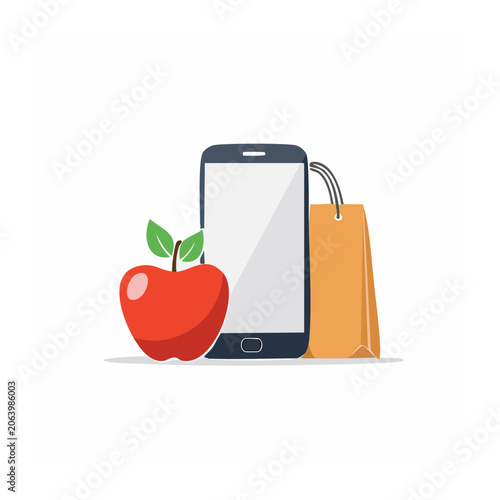 Smartphone with apple and shopping bag flat illustration