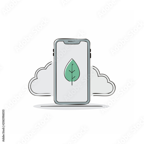 Smartphone with green leaf icon and clouds illustration