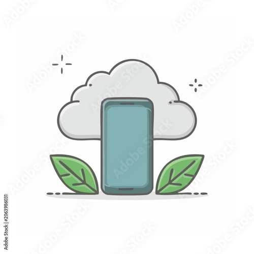 Smartphone with cloud and leaves flat illustration