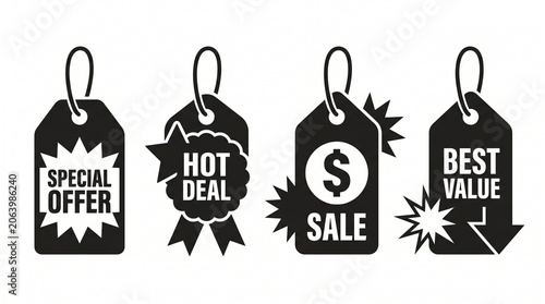 Collection of sale price tags for special offers and best value with discount