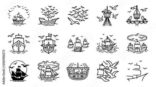 Tableau sur toile Nautical vector illustrations: sailing ships and seagulls in different designs