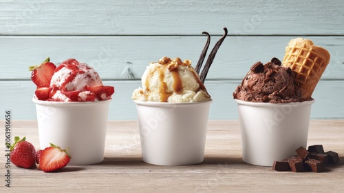 Three scoops of ice cream in white cups with strawberry, vanilla and chocolate flavors, topped with fruit, caramel sauce, nuts and waffle pieces on a wooden surface for a delicious dessert concept.