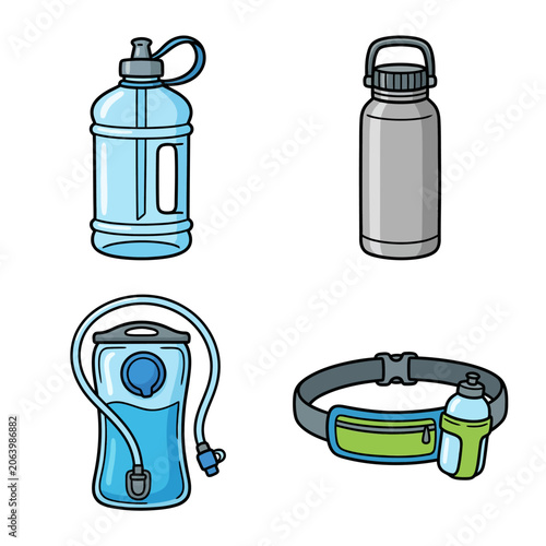 Set of different water bottles and hydration gear illustrations