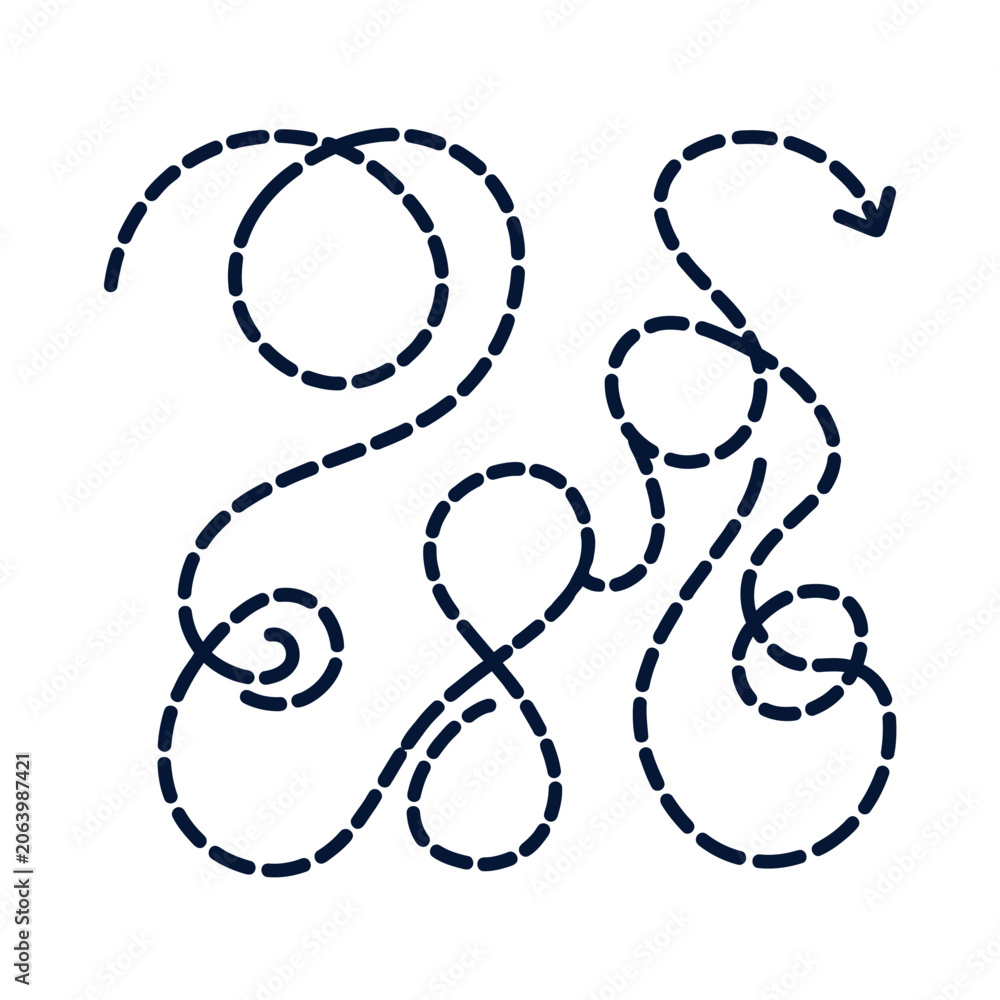 Fototapeta premium A dark blue dashed line creates a complex swirling path pattern